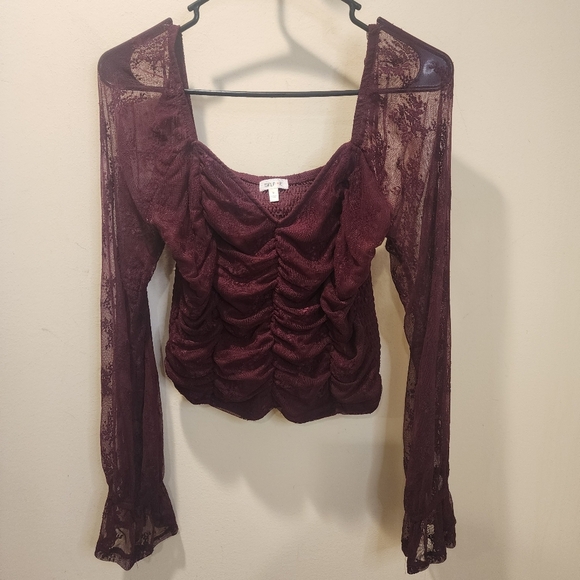 SELF E Red Burgundy Long Sleeves Lace Rush Blouse size S - Picture 4 of 11